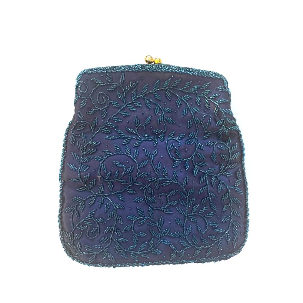 Vintage 1960's Blue Beaded SWEATERS Satin Handbag Purse Gold Clasp Fold Over EUC